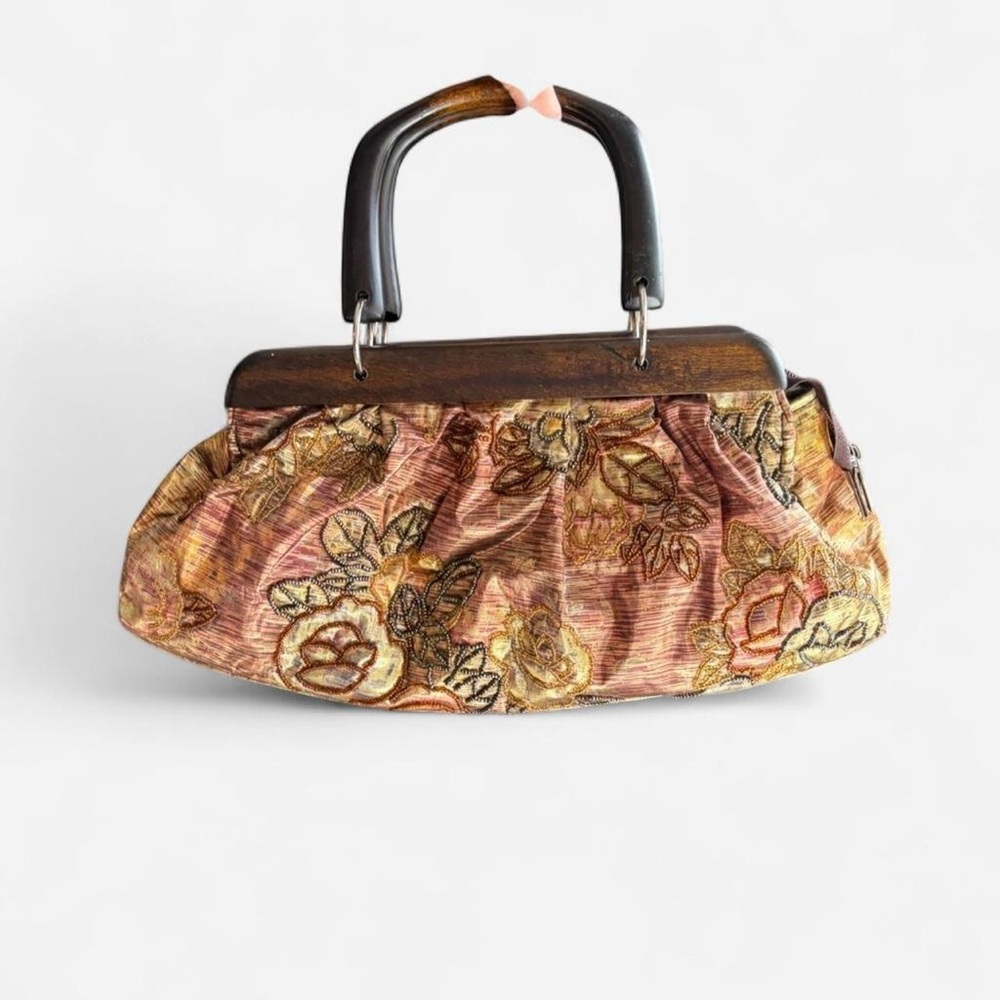 Source Unknown Floral Embroidered Clutch - Brown and Gold